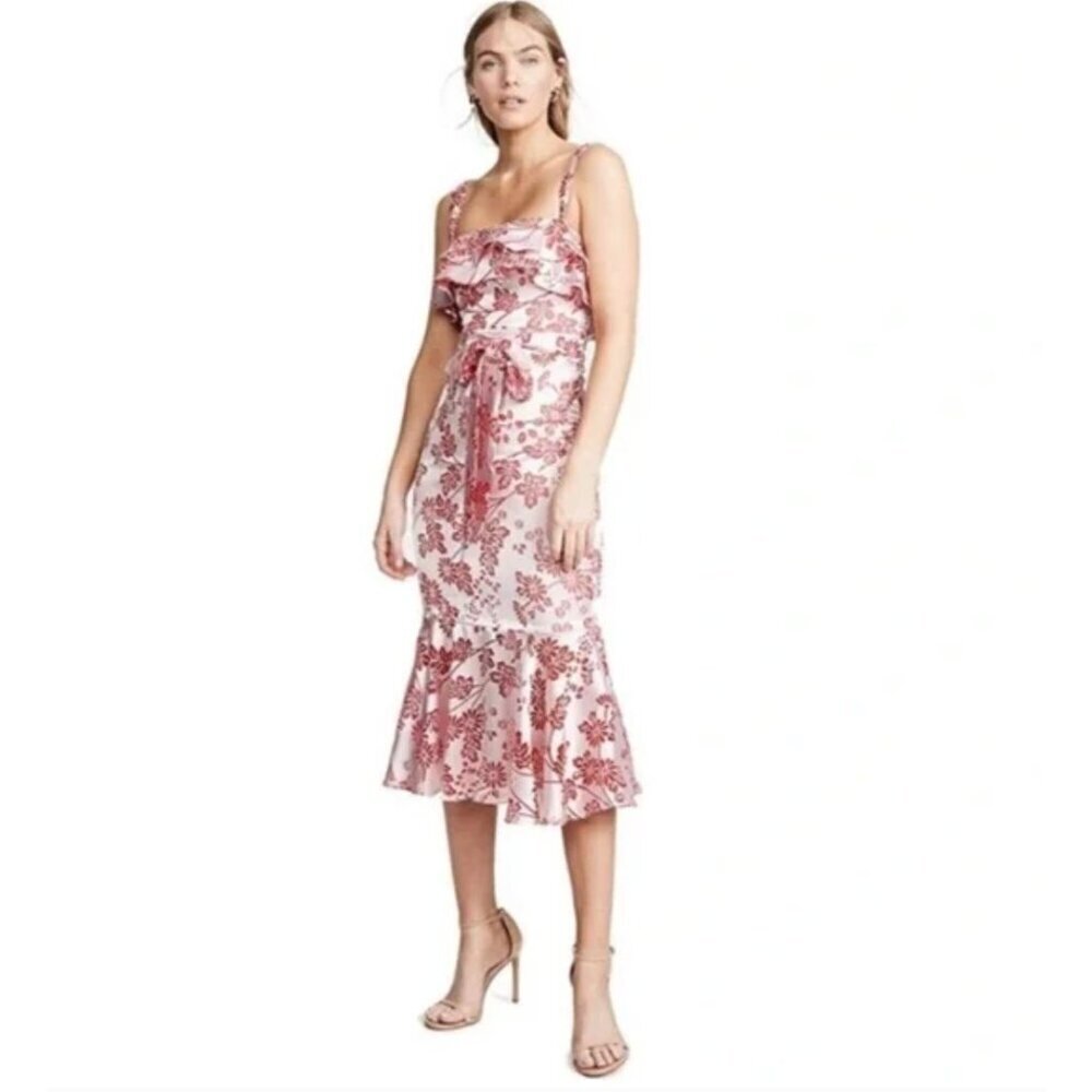 LIKELY Revolve Women’s Floral Madeline Ruffle Midi Dress Pink Size 10